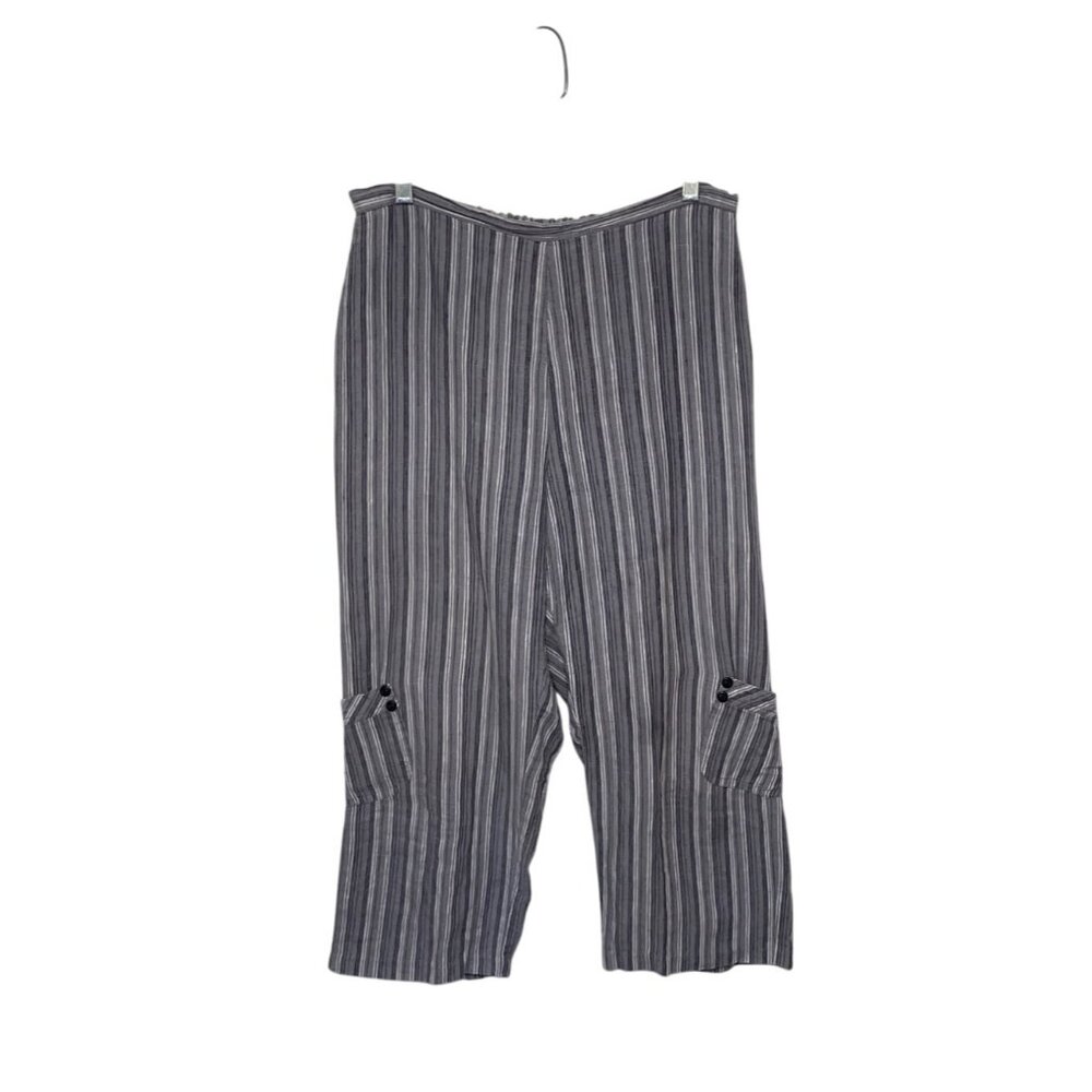 Habitat Women's 100% Linen Striped Elastic Waist Cropped Pants Gray Beige Blue M
